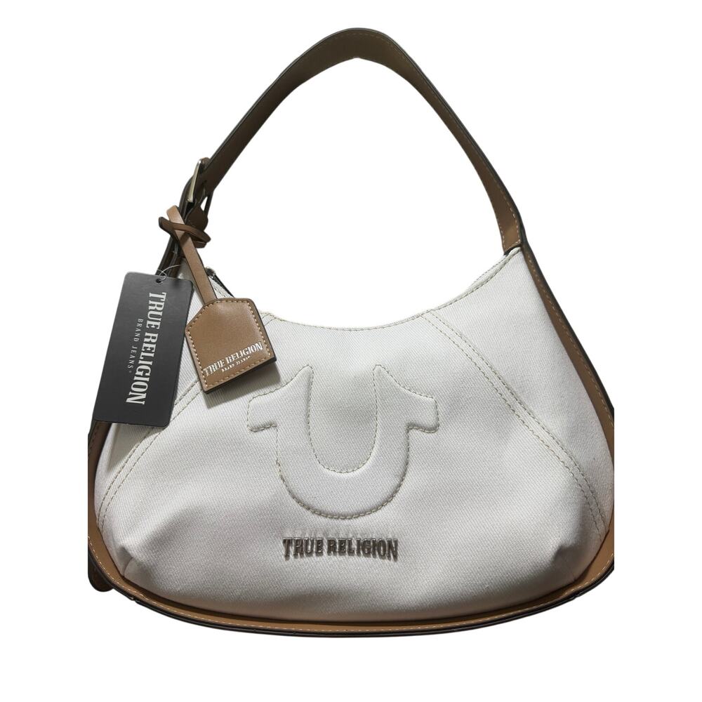 True Religion White Canvas Shoulder Bag Tan Leather Trim Horseshoe Logo NWT